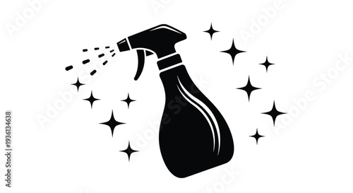Illustration of black silhouette of a spray bottle with sparkles
