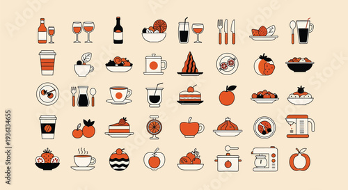Illustration of collection of various food and drink icons on a beige background including wine glasses and coffee cups