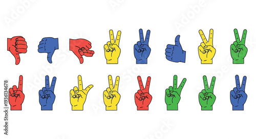 Illustration of colorful hand gestures including thumbs down and peace signs