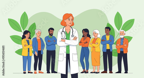Illustration of diverse group of people standing together with a doctor in the center wearing a white lab coat and stethoscope around neck in a green room with leaves