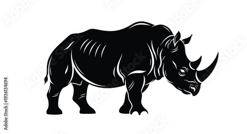 Illustration of black silhouette of a rhinoceros standing with a bold and modern design
