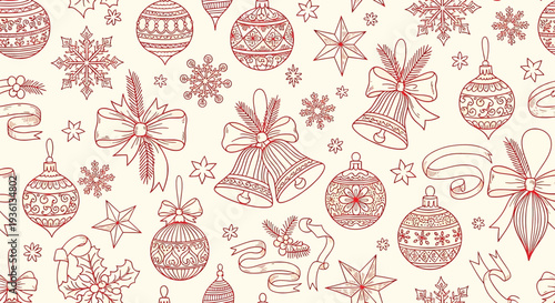 Illustration of christmas ornaments and bows on cream background with snowflakes and stars festive holiday pattern