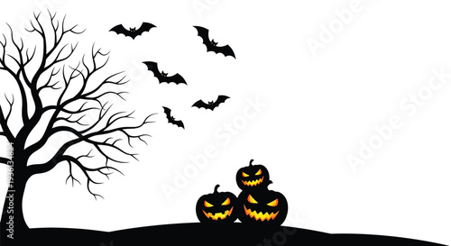 Illustration of black silhouette of jack o lanterns and bats flying near a bare tree on a for halloween