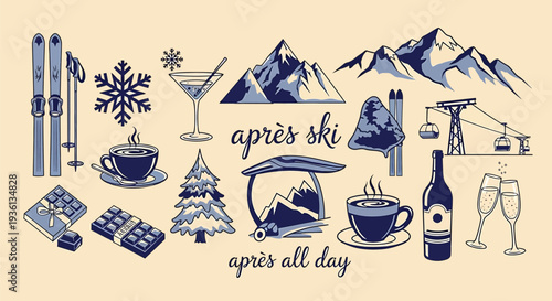 Illustration of a collection of blue icons and illustrations related to skiing and winter sports on a beige background with apres ski and apres all day text