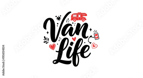 Van life graphic with camper and hearts