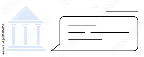 Minimalistic courthouse with column design paired with a speech bubble, reflecting official communication. Ideal for governance, law, public policy, transparency, institution, legal advice, and civic