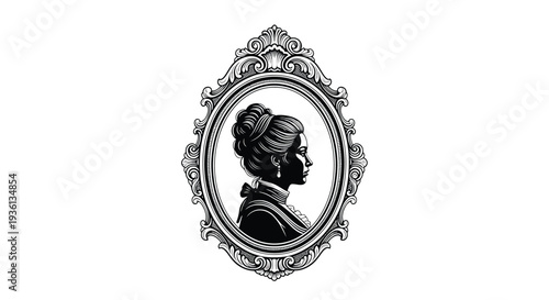 Illustration of black and white illustration of a womans head in an ornate oval frame