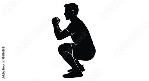 Illustration of a black silhouette of a man performing a squat exercise with hands up