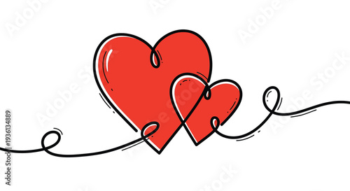 Illustration of two red hearts connected by a black line on a for love and valentines day concepts