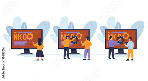 Illustration of people interacting with large computer monitors displaying nkoo logo on screens with gear icons, teamwork and technology concept illustration