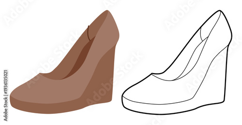 Brown wedge pump women flat plus line set. Closed toe dress footwear for conference, travel, everyday look. Technical fashion illustration, CAD mockup, mixed vector men unisex isolated stylish style.