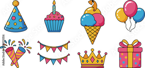 Colorful Birthday Party Icons Set with Hat Cupcake Balloons Crown and Gift Flat Vector Collection