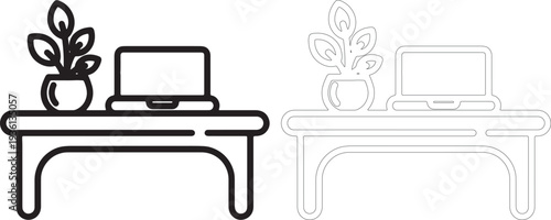 Black and white line of a desk with laptop and plant