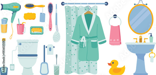 Pastel Bathroom Interior Illustration with Sink Toilet Shower Curtain and Accessories Flat Vector Design