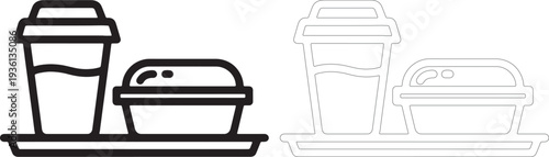 Black and white line of food tray and drink cup