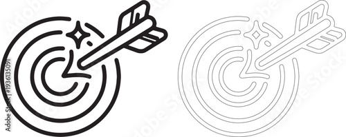 Black and white line of dart hitting target bullseye