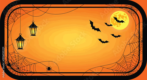Illustration of halloween themed illustration with orange background, black border, lanterns, bats, spider webs, and a full moon in the night sky for spooky decorations and party invitations