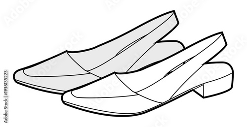 Slingback flat shoe women sketch pair. Block heel pointed toe footwear for smart casual office outfit. Technical fashion illustration CAD mockup detailed vector man unisex isolated classic style.