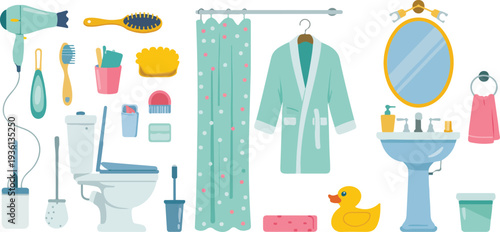 Pastel Bathroom Interior Illustration with Sink Toilet Shower Curtain and Accessories Flat Vector Design