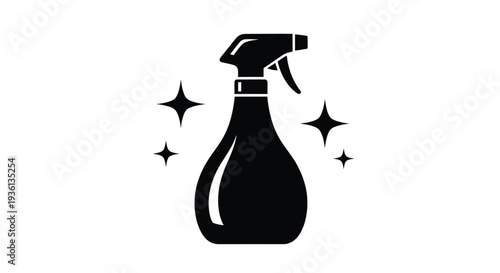 Illustration of black silhouette of a spray bottle with sparkles around it