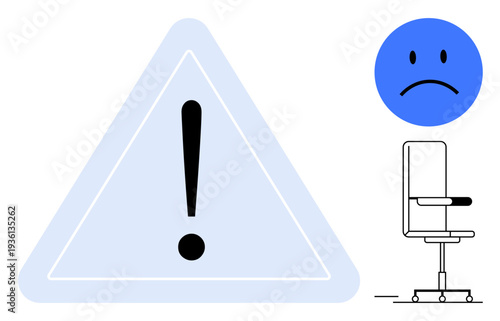 Workplace safety, ergonomics, health concerns, job dissatisfaction, office warnings, employee well-being. Warning triangle, sad face office chair. Workplace safety and ergonomics concept