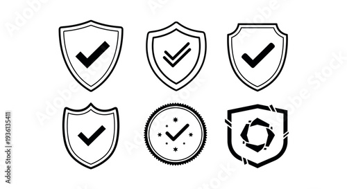 A collection of security icons including shields with checkmarks and a clock on a white background