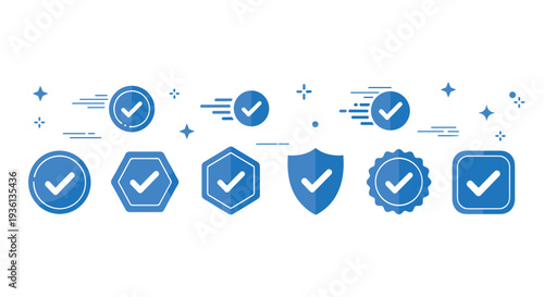 A collection of blue checkmark icons and symbols on a white background