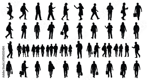 Illustration of collection of various black silhouettes of people walking, standing, and interacting in different poses