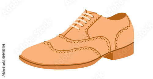 Brogue mens beige flat wingtip shoe. Perforated leather footwear with classic wingtip detail smart casual office style. Technical illustration CAD mockup sketch vector isolated on white background.