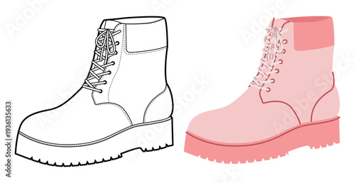 Pink chunky lace ankle boot women flat plus line set. Padded collar with lug tread for night out, lifestyle look. Technical fashion illustration CAD mockup mixed vector men unisex isolated chic style.