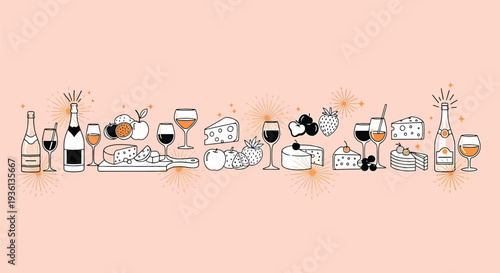 Illustration of a festive wine and cheese celebration scene with various food items and drinks on a peach background