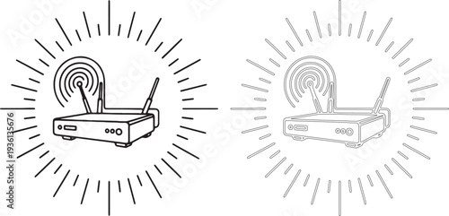 Thin line of two wireless routers with signal waves