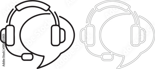 Two black line of headphones and speech bubbles communication