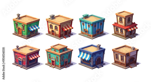 Illustration of colorful 3d isometric buildings with various architectural details and awnings