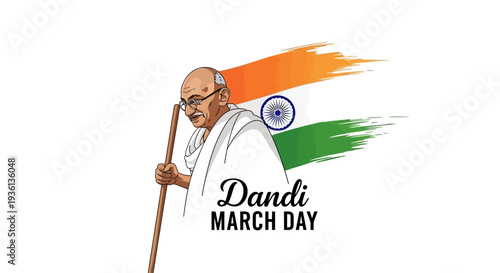 Illustration of Mahatma Gandhi holding a walking stick with the Indian flag behind him on Dandi March Day, symbolizing nonviolent resistance and the Indian independence movement.