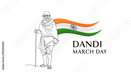 Illustration of Mahatma Gandhi holding a walking stick with the Indian flag waving behind him on Dandi March Day, symbolizing nonviolent resistance and the Indian independence movement.