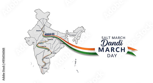 Illustration of a map of India with a colorful route marking the Dandi March Day, a historical protest march led by Mahatma Gandhi as part of the Indian independence movement.