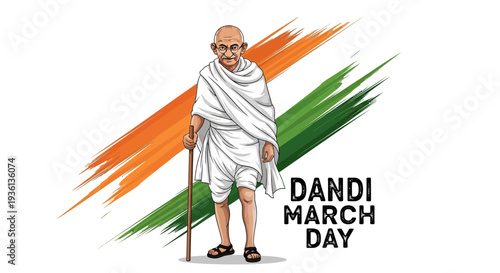Illustration of Mahatma Gandhi walking with a cane on Dandi March Day with Indian flag colors in the background.