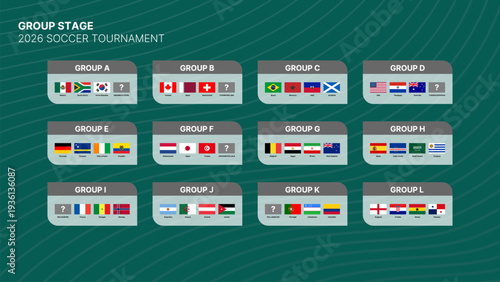 2026 International Soccer Tournament Group Stage Bracket and Flags Vector Template