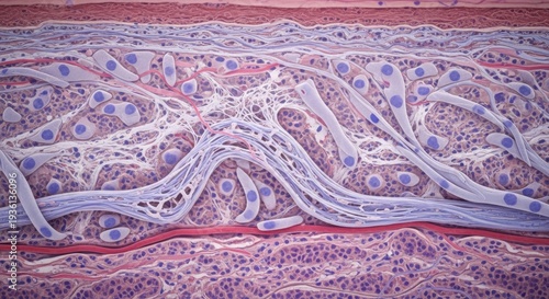 Human skin tissue cross section showing dermal structures dermatology histology illustration