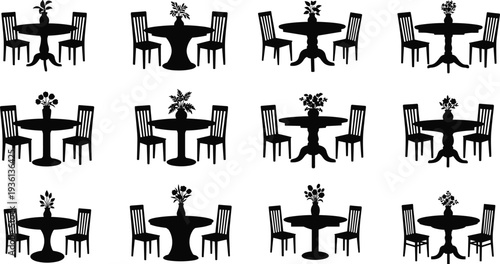 Dining table and chairs silhouettes set with flower vase decoration furniture icon collection vector illustration isolated