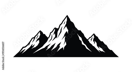 Illustration of a black silhouette of a mountain range with snow capped peaks