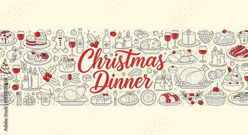 Illustration of a festive christmas dinner banner with various food and holiday decorations