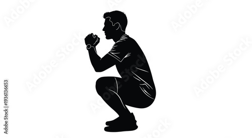 Illustration of black silhouette of a man doing a squat with dumbbell exercising his muscles