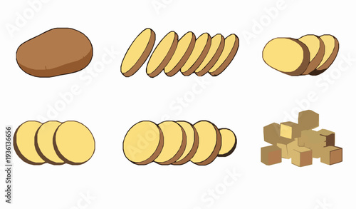 Potato slicing and dicing vector set with thin slices and chunky cubes on white background