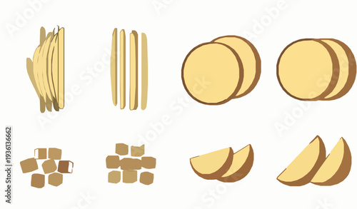 Versatile potato cutting shapes vector illustration with slices and diced cubes
