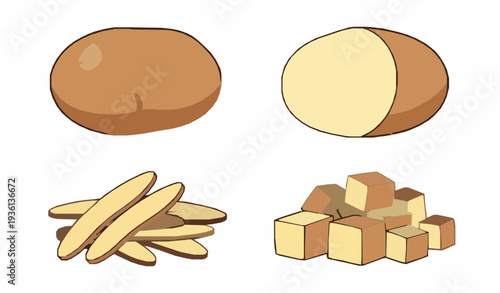 Potato preparation vector set with thin slices and chunky cubes isolated on white