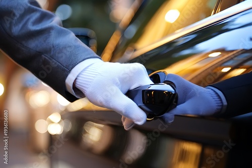 Valet chauffeur opening luxury vehicle door at night, wearing white gloves, delivering premium VIP transportation service with elegance, professionalism, exclusivity, and executive lifestyle atmospher