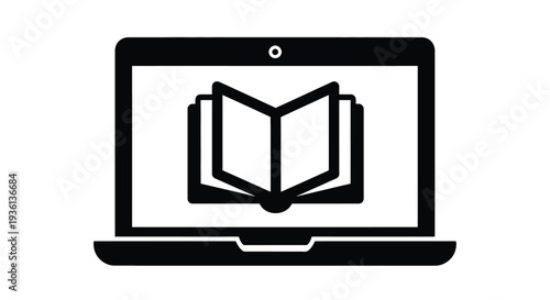 Illustration of black line icon of laptop with book on screen