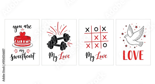 Illustration of collection of four romantic illustrations with love phrases and symbols